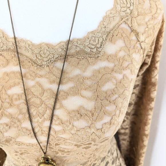 VTG 00s Y2K Moda International VS Tan Sheer Floral Lace Long Sleeve Top Sz S - Picture 5 of 6